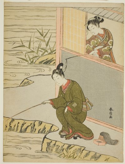 Schoonheid die een jonge man plaagt die aan het vissen is door Suzuki Harunobu