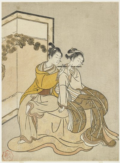 Kalenderafdruk voor Meiwa 2 en een Mitate van keizer Xuanzong en Yang Guifei door Suzuki Harunobu