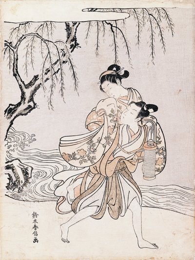 Koppel aan de oever van de rivier door Suzuki Harunobu