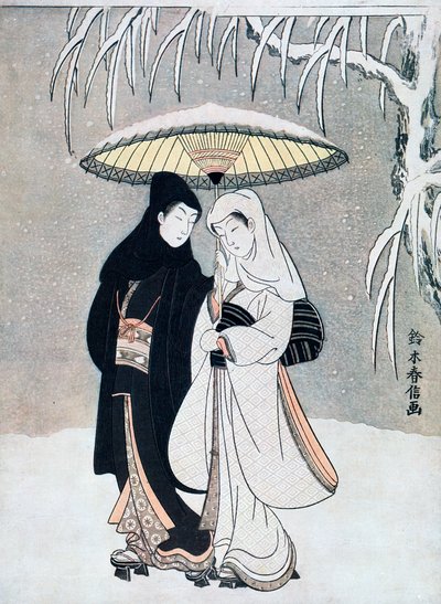 Kraai en Reiger, of Jonge Geliefden die Samen Onder een Paraplu Lopen in een Sneeuwstorm, ca. 1769 door Suzuki Harunobu