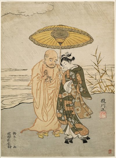 Daruma en een jonge vrouw in de regen door Suzuki Harunobu