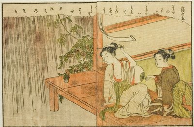 Dubbele pagina illustratie uit Vol. 2 van "Prentenboek van Lentebrocades" door Suzuki Harunobu