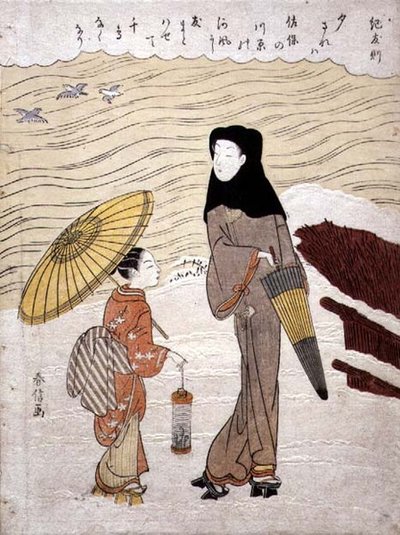 Dame en dienstmeid wandelen langs een rivier, ca.1767 door Suzuki Harunobu