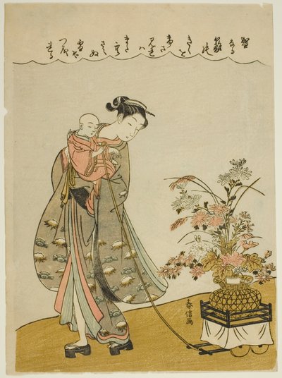 Een bloemenkar trekken door Suzuki Harunobu
