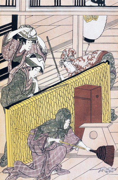 Dienaar die muizen jaagt in huis, ukiyo-e kunstdruk door Suzuki Harunobu (1725-1770), Japanse beschaving, Edo-periode door Suzuki Harunobu