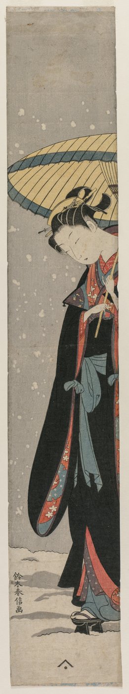 Vrouw Bihin met parasol in de sneeuw Uit de serie Mu Tamagawa door Suzuki Harunobu