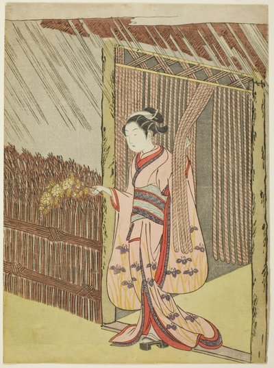 Vrouw die een Tak van Kerria Bloemen Vasthoudt in de Regen (parodie op Ota Dokan) door Suzuki Harunobu