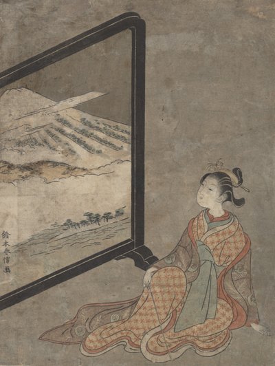 Jonge vrouw met een pijp in haar hand die naar landschap op een scherm kijkt door Suzuki Harunobu