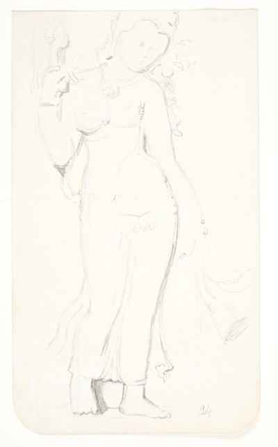 Staande vrouw. Studieblad naar reliëfs in Borobudur, Java door Svend Rathsack