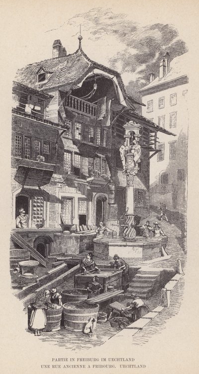 Partij in Freiburg im Uechtland, Een Oude Straat in Fribourg, Uechtland door Swiss School