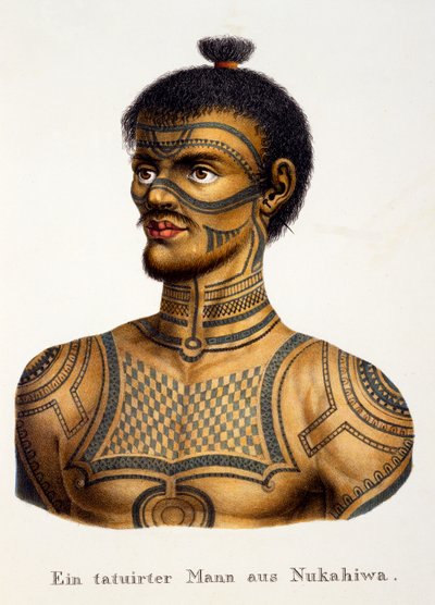 Getatoeëerde man uit Nukahiwa, uit Etnologische studie van verschillende raciale typen van verschillende continenten, door C.I. Brodtmann, gepubliceerd in 1824 door Swiss School