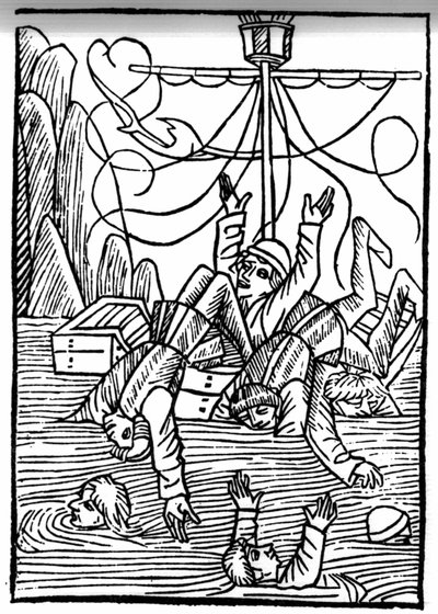 De legende van Sint Brendan (Brandan), held en Ierse heilige van de 6e eeuw. Schepen zinken in de Cleves Zee. Gravure van 