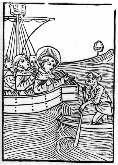 De legende van Sint Brendan (Brandan), held en Ierse heilige van de 6e eeuw: Broeders ontmoeten een dwerg aan het einde van de wereld. Gravure van 