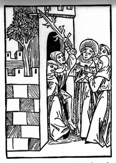 De legende van Sint Brendan (Brandan), held en Ierse heilige van de 6e eeuw. Een van de monniken wordt gevangengenomen. Gravure van "Die Wunderbare Meerfahrt des Hl. Brandan." Bale door Swiss School