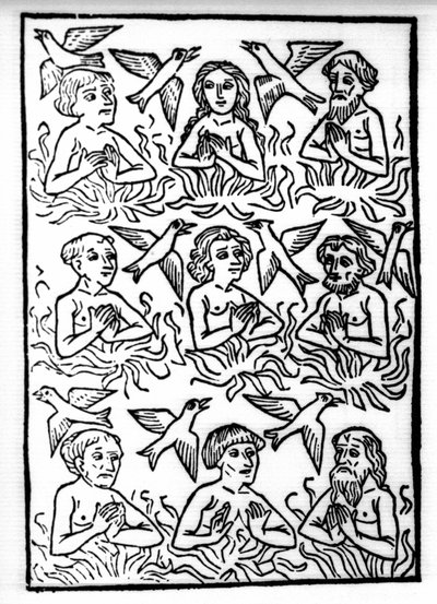 De legende van Sint Brendan: de vuren van het vagevuur en de vuurvogels (gravure uit 