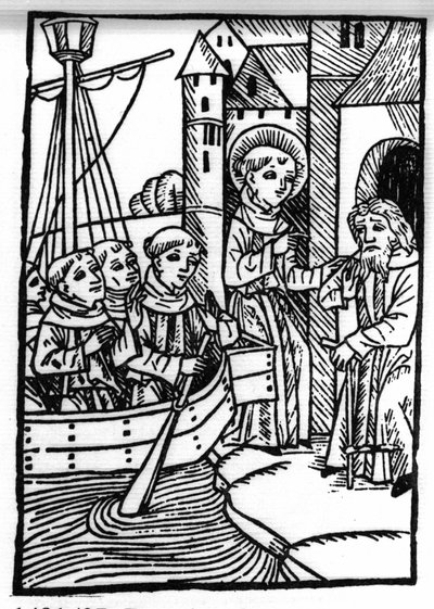 De legende van Sint Brendan (Brandan), held en Ierse heilige van de 6e eeuw. De heilige ontmoet de voormalige Haylbray en begrijpt dat hij is teruggekeerd naar Schotland. Gravure uit 