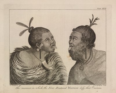 L.R.294.c.7, plaat XVII Nieuw-Zeelandse krijgers door Sydney (after) Parkinson