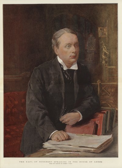 De Graaf van Rosebery spreekt in het Hogerhuis (kleur litho) door Sydney Prior (after) Hall