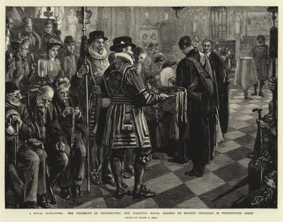 Een koninklijke aalmoes, de ceremonie van het uitdelen van Hare Majesteits Koninklijke Maundy op Witte Donderdag in Westminster Abbey door Sydney Prior Hall