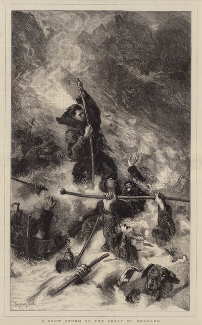 Een sneeuwstorm op de Grote Sint-Bernhard door Sydney Prior Hall
