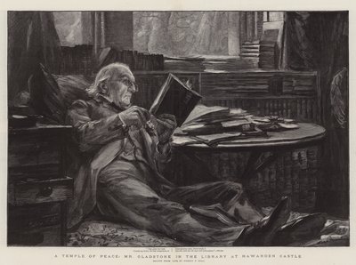 Een Tempel van Vrede, Mr Gladstone in de Bibliotheek van Kasteel Hawarden door Sydney Prior Hall