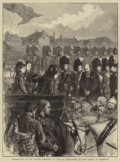 Inwijding van de Kleuren gepresenteerd aan de 79e Highlanders door Hare Majesteit in Parkhurst door Sydney Prior Hall