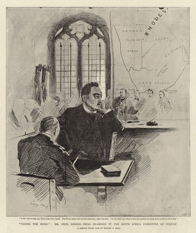 De muziek onder ogen zien, de heer Cecil Rhodes wordt onderzocht door de Zuid-Afrikaanse onderzoekscommissie door Sydney Prior Hall