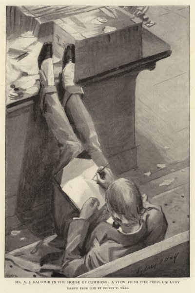 De heer A J Balfour in het Lagerhuis, een uitzicht vanuit de persgalerij door Sydney Prior Hall