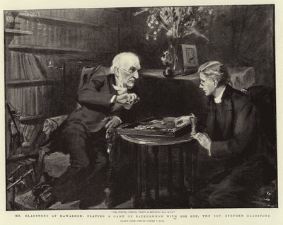 Mr Gladstone in Hawarden, een Potje Backgammon spelend met zijn Zoon, de Eerwaarde Stephen Gladstone door Sydney Prior Hall
