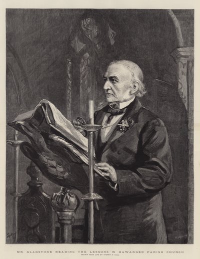 Mr. Gladstone leest de lessen in de parochiekerk van Hawarden door Sydney Prior Hall