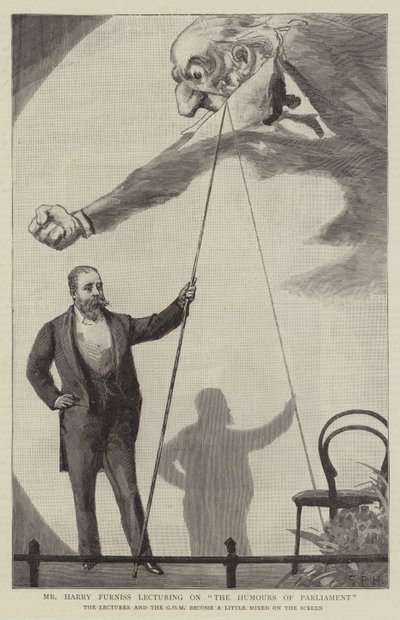 De heer Harry Furniss geeft een lezing over de humor van het parlement door Sydney Prior Hall