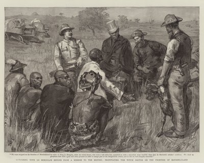Terugkeer met de gezanten van Lo Bengula van een missie naar de Britten, de heksendokter paaien aan de grens van Matabeleland door Sydney Prior Hall