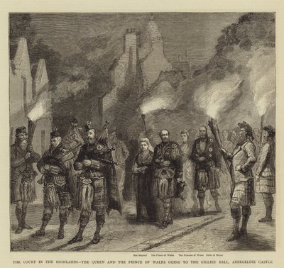 Het Hof in de Hooglanden, de Koningin en de Prins van Wales gaan naar het Gillies