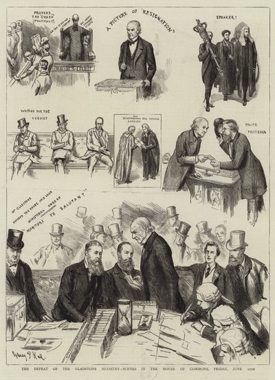 De Nederlaag van het Gladstone Ministerie, Scènes in het Lagerhuis, Vrijdag 12 juni door Sydney Prior Hall