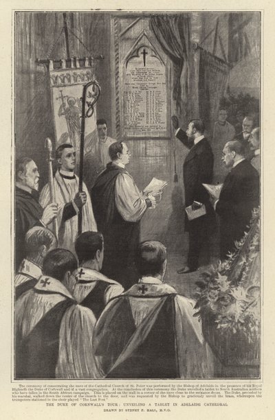 De tour van de hertog van Cornwall, onthulling van een tablet in de kathedraal van Adelaide door Sydney Prior Hall
