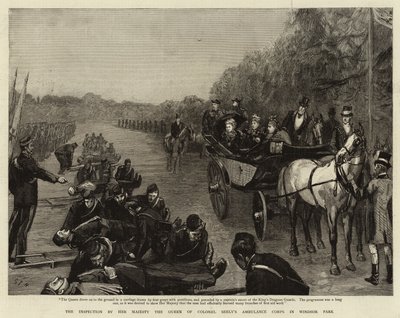 De inspectie door Hare Majesteit de Koningin van het Ambulancekorps van Kolonel Seely in Windsor Park door Sydney Prior Hall