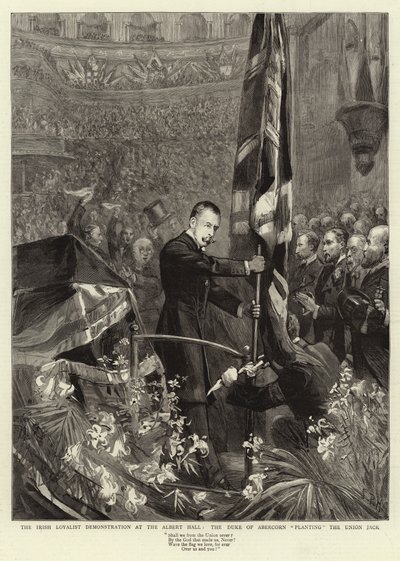 De Ierse Loyalistische Demonstratie in de Albert Hall, de Hertog van Abercorn die de Union Jack plant door Sydney Prior Hall
