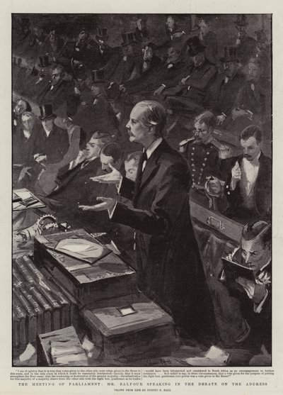 De Vergadering van het Parlement, de heer Balfour spreekt in het Debat over het Adres door Sydney Prior Hall