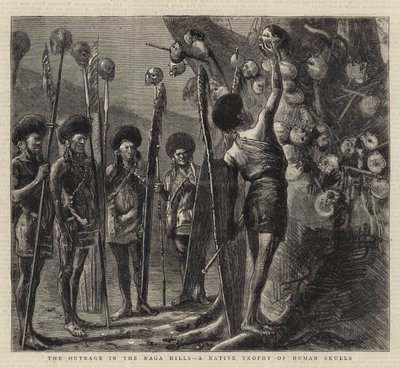 De schande in de Naga-heuvels, een inheems trofee van menselijke schedels door Sydney Prior Hall