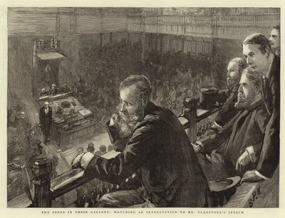 De Edelen in hun Galerij, kijkend naar een onderbreking van de toespraak van Mr. Gladstone door Sydney Prior Hall