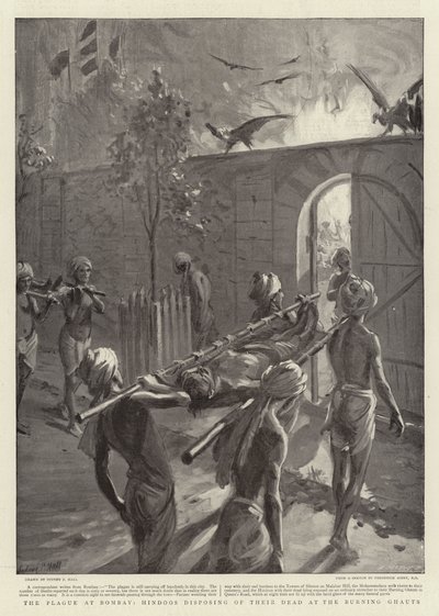 De pest in Bombay, hindoes die hun doden afvoeren bij de brandstapels door Sydney Prior Hall