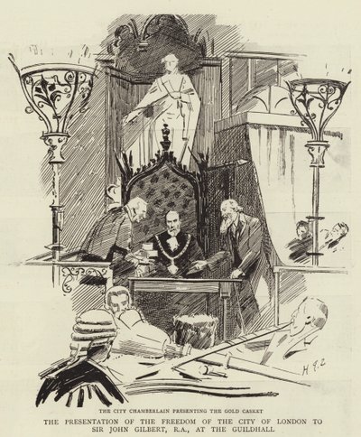 De Overhandiging van de Vrijheid van de Stad Londen aan Sir John Gilbert, RA, in de Guildhall door Sydney Prior Hall