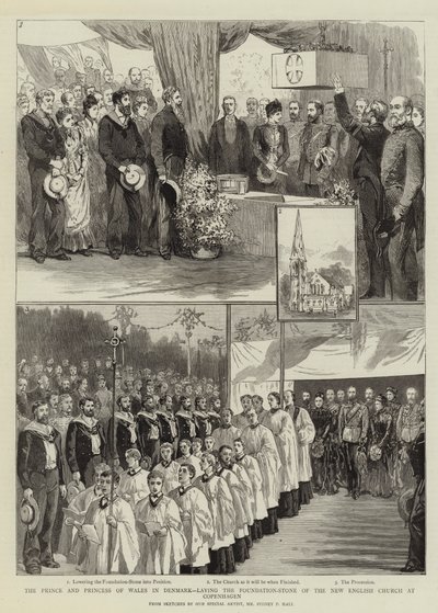 De Prins en Prinses van Wales in Denemarken, leggen de Eerste Steen van de Nieuwe Engelse Kerk in Kopenhagen door Sydney Prior Hall