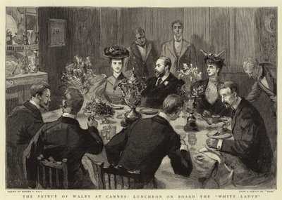 De Prins van Wales in Cannes, lunch aan boord van de White Ladye door Sydney Prior Hall
