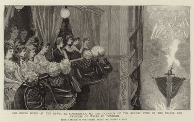 De koninklijke loges in de opera van Kopenhagen, bij gelegenheid van het recente bezoek van de prins en prinses van Wales aan Denemarken door Sydney Prior Hall