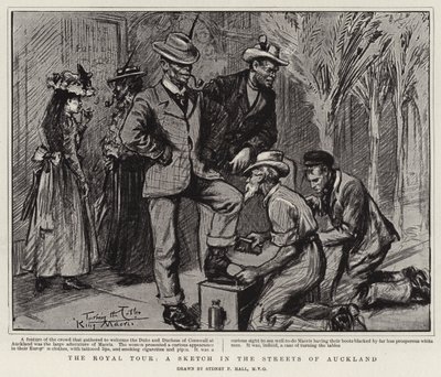 De koninklijke tour, een schets in de straten van Auckland door Sydney Prior Hall