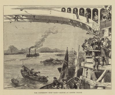 De universiteitsbootrace, schets bij Barnes Bridge door Sydney Prior Hall