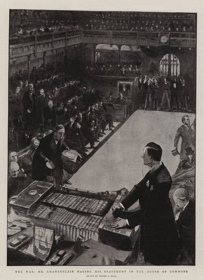De oorlog, Mr Chamberlain doet zijn verklaring in het Lagerhuis door Sydney Prior Hall