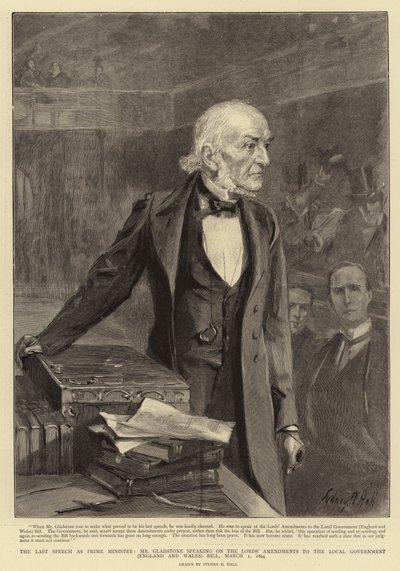 De laatste toespraak als premier, Mr. Gladstone spreekt over de amendementen van de Lords op de Local Government (Engeland en Wales) Bill, 1 maart 1894 door Sydney Prior Hall