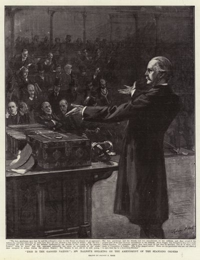 Dit is de Geknevelde Natie, Mr Balfour spreekt over de wijziging van de staande orders door Sydney Prior Hall